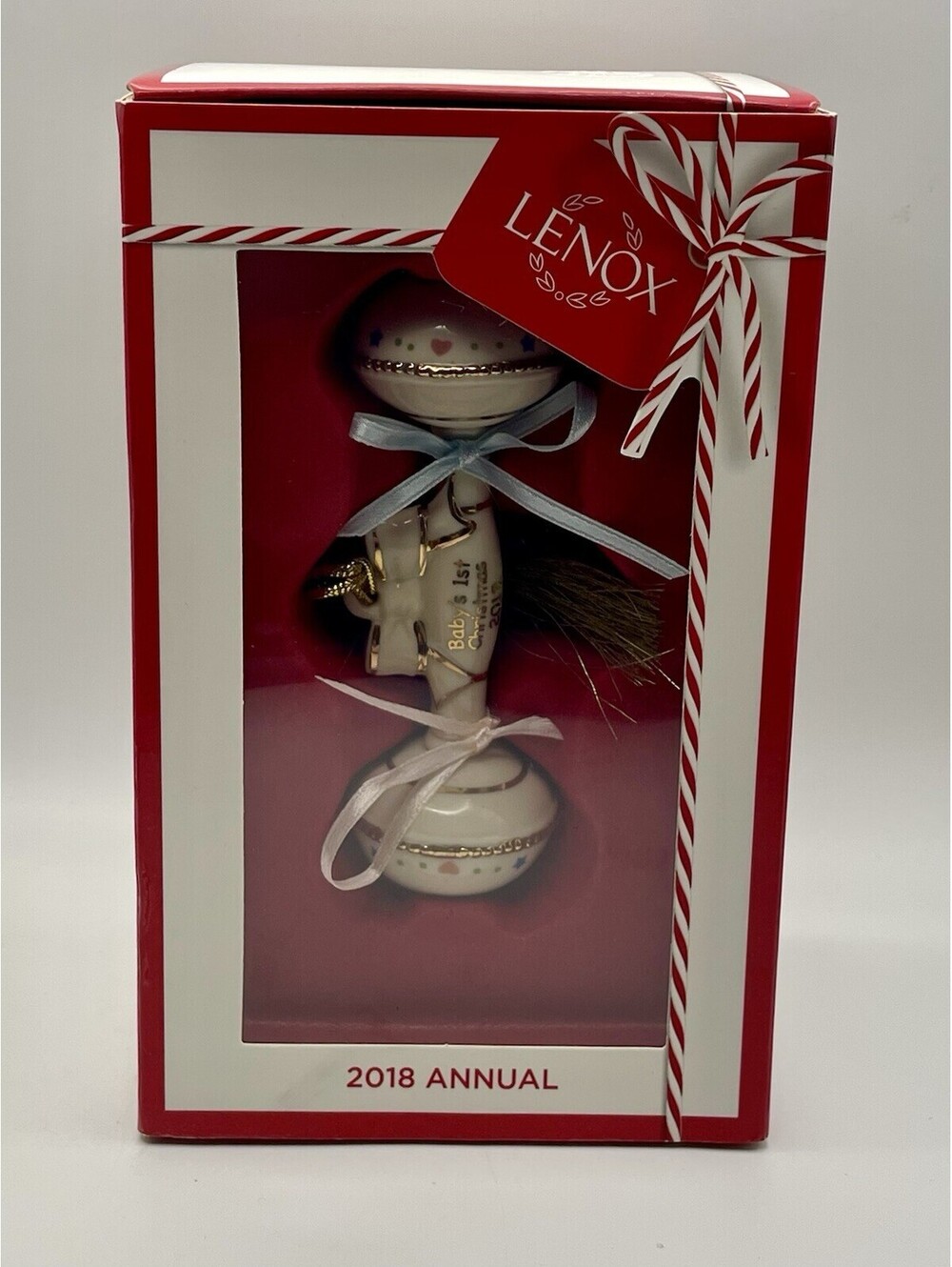 2018 Lenox Annual Baby's 1st Christmas Ornament Rattle Pink Blue Bows